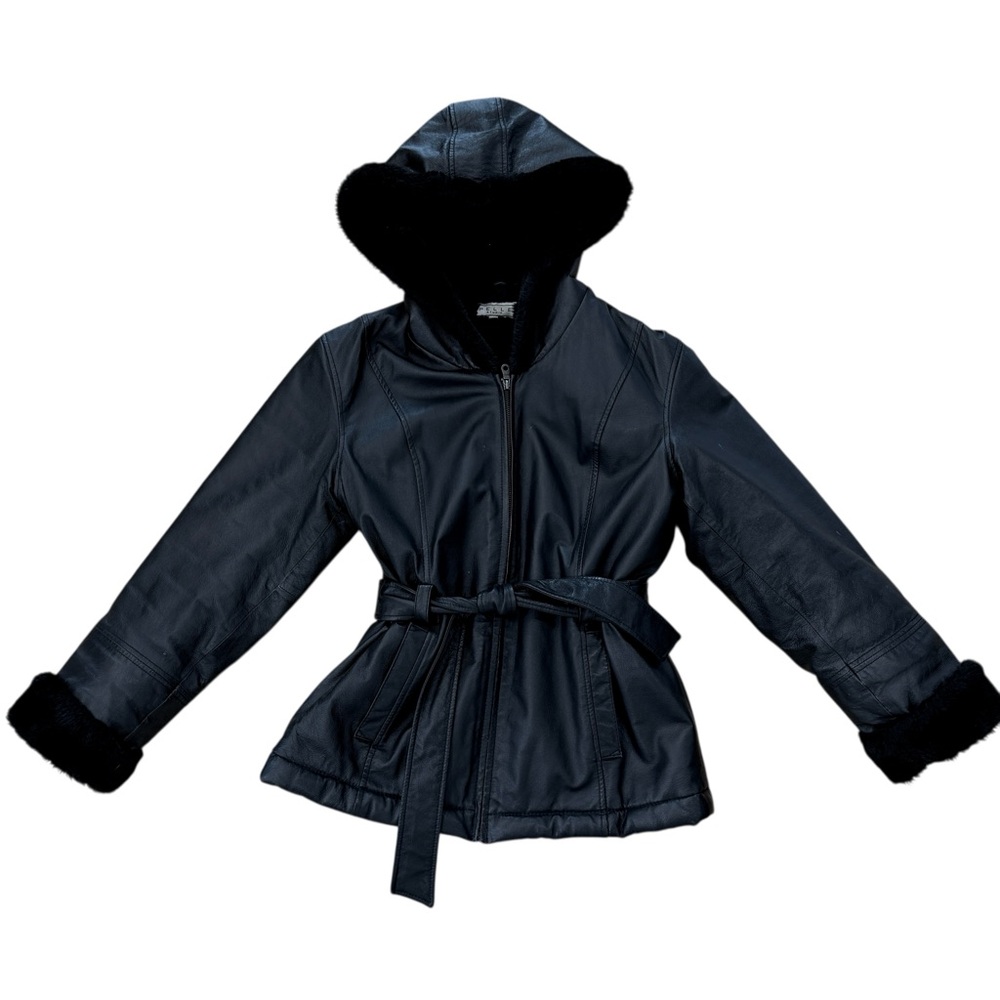100% Genuine Leather Coat with Faux Fur Interior Women's Black Hooded Jacket - Picture 4 of 8